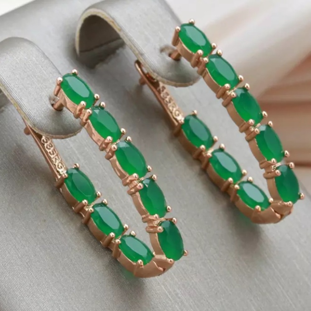 Emerald lab grown & pink metal (not actual rose gold) Earrings 1.5”